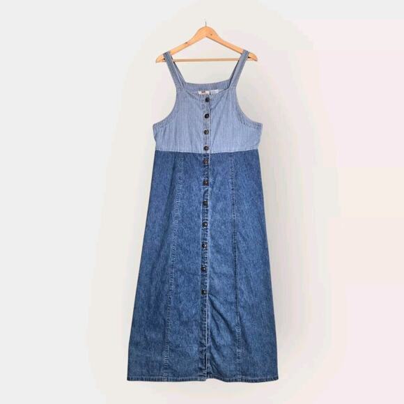 VTG Faded Glory Maxi Denim Dress Jumper Sz L Blue Button Front Pinstripe Prairie - Picture 1 of 13